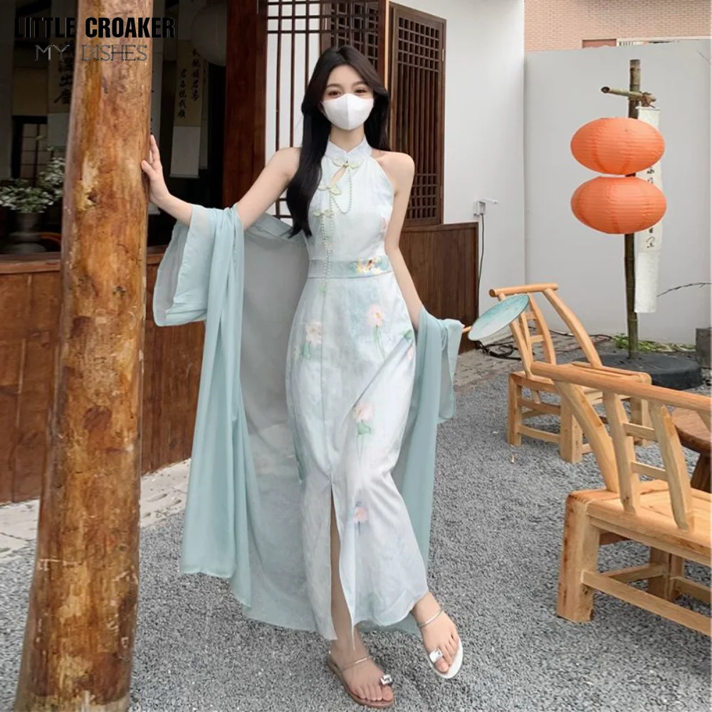 National Style New Chinese Style Improved Qipao Slim Fit Wrap Hip Hanging Neck Dress Super Immortal Style Two Piece Set Summer
National Style New Chinese Style Improved Qipao Slim Fit Wrap Hip Hanging Neck Dress Super Immortal Style Two Piece Set Summer