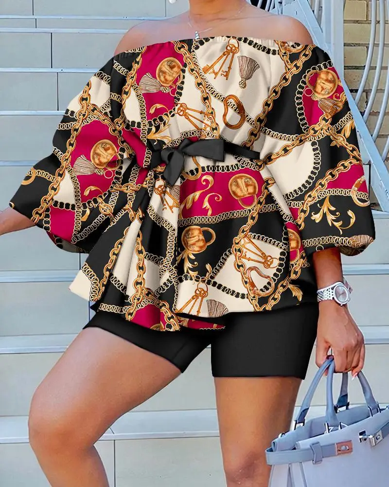 Two Piece Sets Women Outifits 2023 Spring Fashion Print Off Shoulder Long Sleeved Lace Up Details Top & Casual Skinny Shorts Set
Two Piece Sets Women Outifits 2023 Spring Fashion Print Off Shoulder Long Sleeved Lace Up Details Top & Casual Skinny Shorts Set