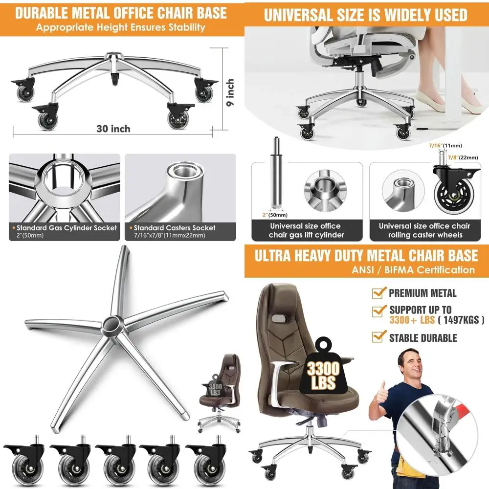 Heavy-Duty Alloy Office Chair Base with Reinforced Legs, Uni Cylinder, and Casters (Silver)
Heavy-Duty Alloy Office Chair Base with Reinforced Legs, Uni Cylinder, and Casters (Silver)