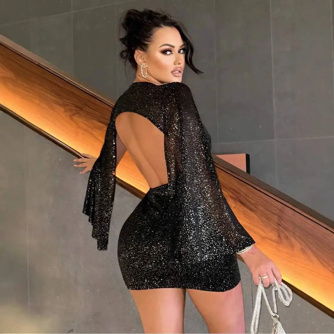 Sexy Sequin Patchwork Bodycon Dresses for Women Solid Color Bell Sleeve Backless Dress Female Party Clubwear Vestidos New
Sexy Sequin Patchwork Bodycon Dresses for Women Solid Color Bell Sleeve Backless Dress Female Party Clubwear Vestidos New