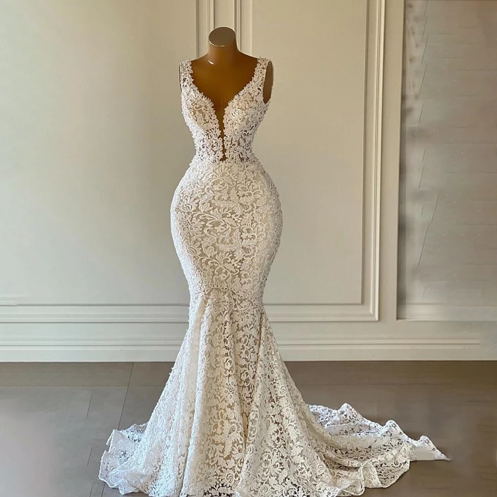 Fashion White Wedding Dresses Elegant Lace Appliques V-Neck Mermaid Gowns Chic Simple Sleeveless Sweep Train Bridal Dresses
Fashion White Wedding Dresses Elegant Lace Appliques V-Neck Mermaid Gowns Chic Simple Sleeveless Sweep Train Bridal Dresses