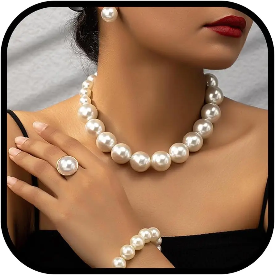 Pearl Necklaces and Earring Set for Women Trendy White Faux Pearl Jewelry Big Chunky Pearl Choker Wedding Jewelry Set for Bride
Pearl Necklaces and Earring Set for Women Trendy White Faux Pearl Jewelry Big Chunky Pearl Choker Wedding Jewelry Set for Bride
