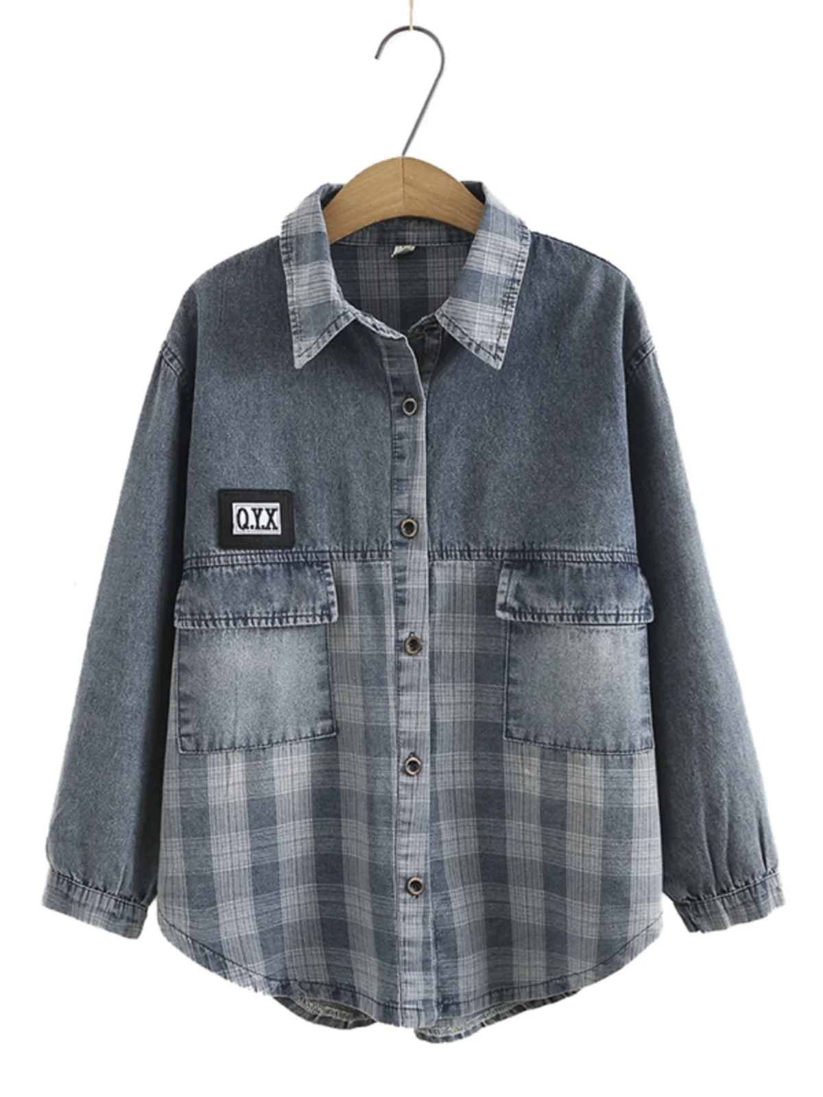 Spring 2023 plus Size Women's Casual Shirt Denim Plaid Patchwork Letter Label Outerwear Korean Style Collar Long Sleeve
Spring 2023 plus Size Women's Casual Shirt Denim Plaid Patchwork Letter Label Outerwear Korean Style Collar Long Sleeve