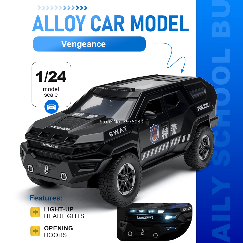 Машинка-копия полицейского автомобиля Vengeance LC250, масштаб 1:24, из сплава, со звуком и светом, открывающиеся двери, откат назад, игрушка-модель, подарок для детей
Машинка-копия полицейского автомобиля Vengeance LC250, масштаб 1:24, из сплава, со звуком и светом, открывающиеся двери, откат назад, игрушка-модель, подарок для детей