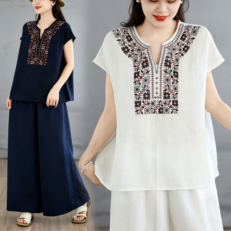 plus Size Women's Summer New Embroidered Cotton Linen Set V-neck Top Wide Leg Pants Two-piece Set Artistic Commute Style
plus Size Women's Summer New Embroidered Cotton Linen Set V-neck Top Wide Leg Pants Two-piece Set Artistic Commute Style
