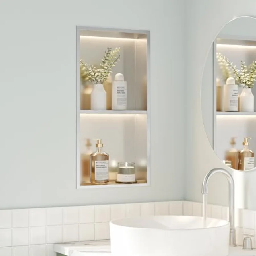 2-Tiers 12x24 Recessed Wall Niche with LED Lights Brushed Shower Niche Cabinet Stainless Steel Bathroom Shelf NO Tile Needed Ba
2-Tiers 12x24 Recessed Wall Niche with LED Lights Brushed Shower Niche Cabinet Stainless Steel Bathroom Shelf NO Tile Needed Ba