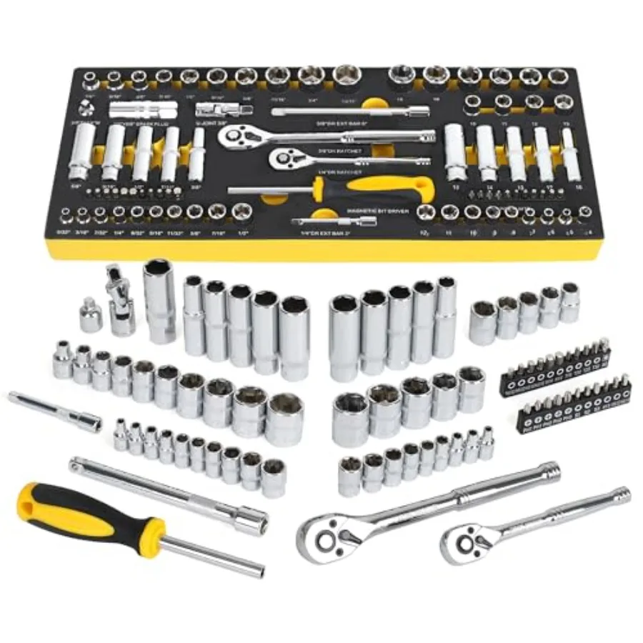 79-Piece 1/4" and 3/8"Drive Impact Socket Wrech Set 6-Point Socket Set Metric SAE CR-V Sockets with EVA Foam Tray for Bench Sto
79-Piece 1/4" and 3/8"Drive Impact Socket Wrech Set 6-Point Socket Set Metric SAE CR-V Sockets with EVA Foam Tray for Bench Sto