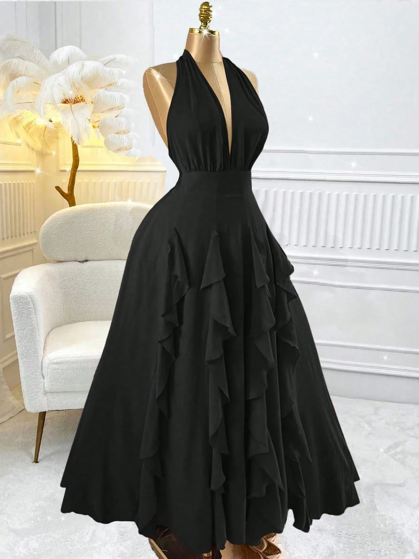 Elegant Solid Black Halter Ruffle Hem Floor-Length Dress For Party Beach Holiday
Elegant Solid Black Halter Ruffle Hem Floor-Length Dress For Party Beach Holiday