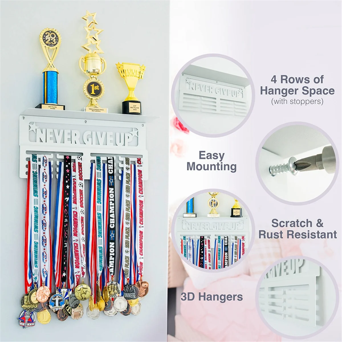 White Medal Hanger Display with Shelf - Easy Install Metal Award Rack Trophy Shelf for Walls Holds Sports Medals
White Medal Hanger Display with Shelf - Easy Install Metal Award Rack Trophy Shelf for Walls Holds Sports Medals