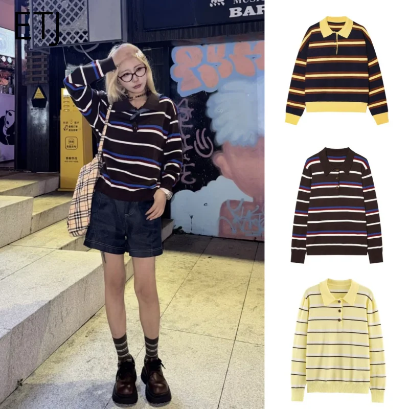 ETJ 2025 women's autumn/winter new product preppy fashion yellow striped POLO neck loose long-sleeved knit
ETJ 2025 women's autumn/winter new product preppy fashion yellow striped POLO neck loose long-sleeved knit