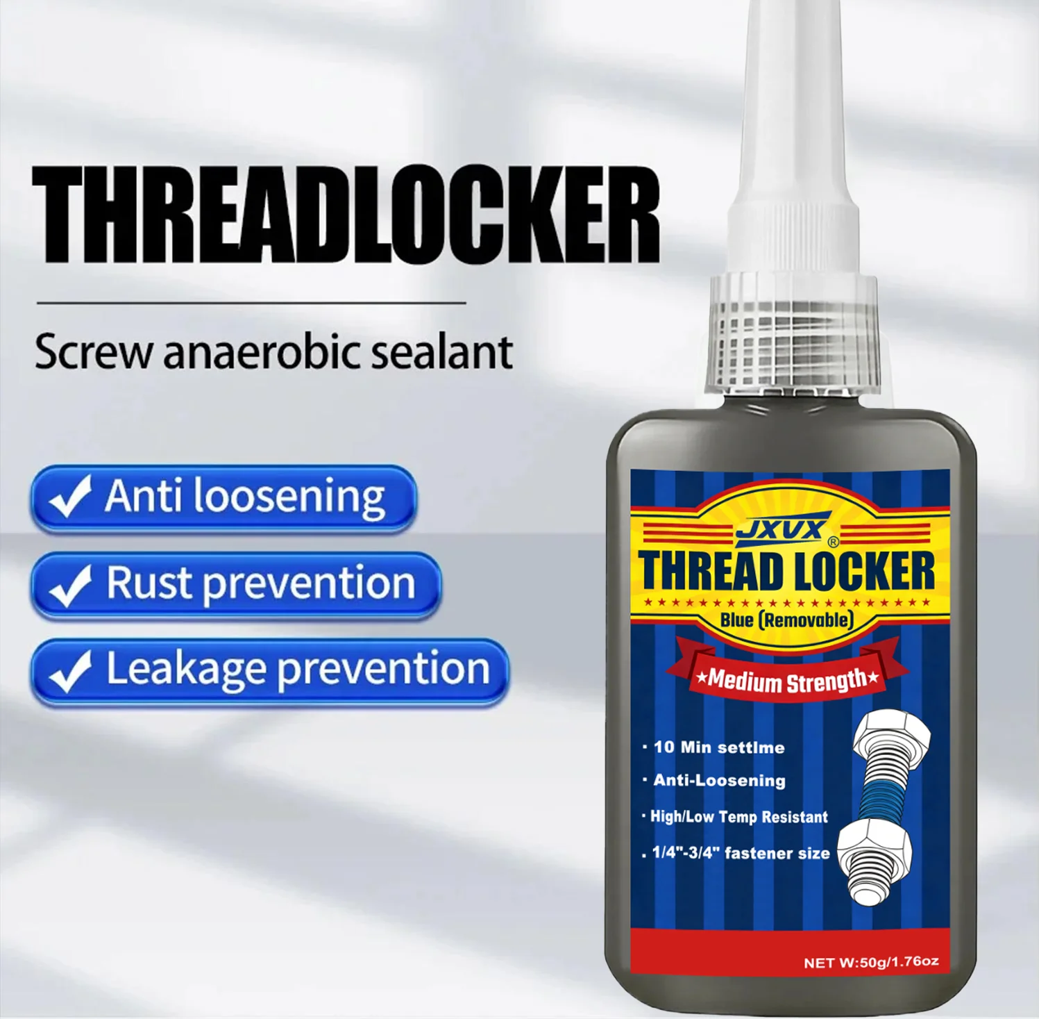 Anaerobic Epoxy Adhesive,Universal Threadlocker, Industrial Thread Sealant Impact-Resistant, Anti-Loosening, Anti-Slip, Rust-Proof,Blue Medium Strength Removable,Suitable for nuts, bolts, fasteners, and metal.
Anaerobic Epoxy Adhesive,Universal Threadlocker, Industrial Thread Sealant Impact-Resistant, Anti-Loosening, Anti-Slip, Rust-Proof,Blue Medium Strength Removable,Suitable for nuts, bolts, fasteners, and metal.