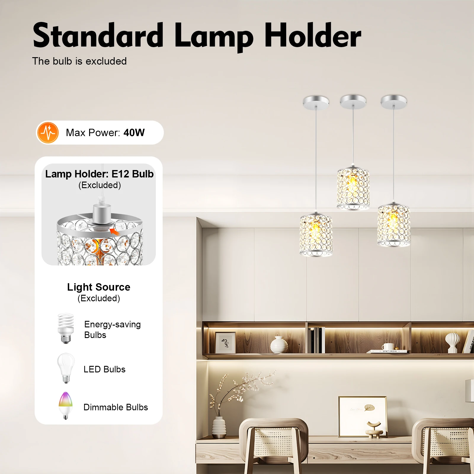 3PCS Silver Modern Crystal Ceiling Light Fixture, E12 Dimmable 40W with Adjustable Wire & Glass Shades, Easy Install for Home
3PCS Silver Modern Crystal Ceiling Light Fixture, E12 Dimmable 40W with Adjustable Wire & Glass Shades, Easy Install for Home