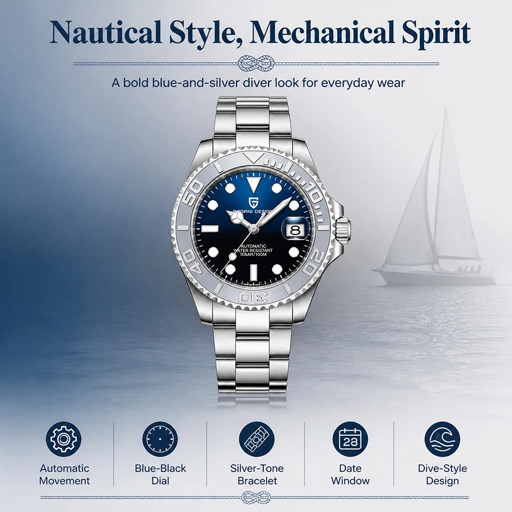 PAGANI DESIGN Men's Automatic Mechanical Diver Watch Luxury 100M Waterproof Luminous Stainless Steel Sports Business Wristwatch
PAGANI DESIGN Men's Automatic Mechanical Diver Watch Luxury 100M Waterproof Luminous Stainless Steel Sports Business Wristwatch