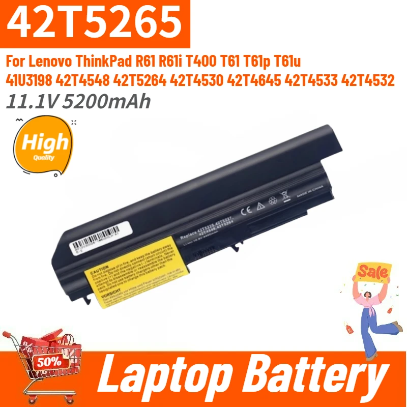 Brand New Replacement Laptop battery 11.1V 5200mAh 42T5265 For Lenovo ThinkPad R61 R61i T400 T61 T61p T61u 42T4530 42T4548
Brand New Replacement Laptop battery 11.1V 5200mAh 42T5265 For Lenovo ThinkPad R61 R61i T400 T61 T61p T61u 42T4530 42T4548