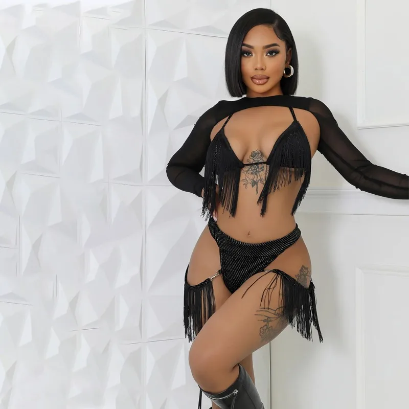 Diamonds Tassel Lace Up Halter Bra + See Through Mesh Long Sleeve Cape + Shorts Women Sexy Club Party 3 Piece Set Bikini Suits
Diamonds Tassel Lace Up Halter Bra + See Through Mesh Long Sleeve Cape + Shorts Women Sexy Club Party 3 Piece Set Bikini Suits