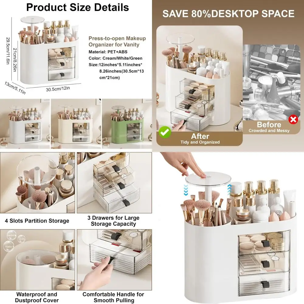 3-Drawer Makeup Organizer with Automatic Brush Holder Lid, Large Storage for Vanity and Bathroom, Ideal for Skincare, Brushes, a
3-Drawer Makeup Organizer with Automatic Brush Holder Lid, Large Storage for Vanity and Bathroom, Ideal for Skincare, Brushes, a