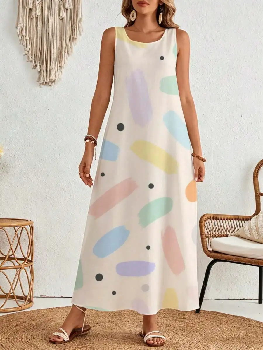 Sleeveless Maxi Dress Cream Abstract Geometric Print Summer Beach Vacation Wear
Sleeveless Maxi Dress Cream Abstract Geometric Print Summer Beach Vacation Wear