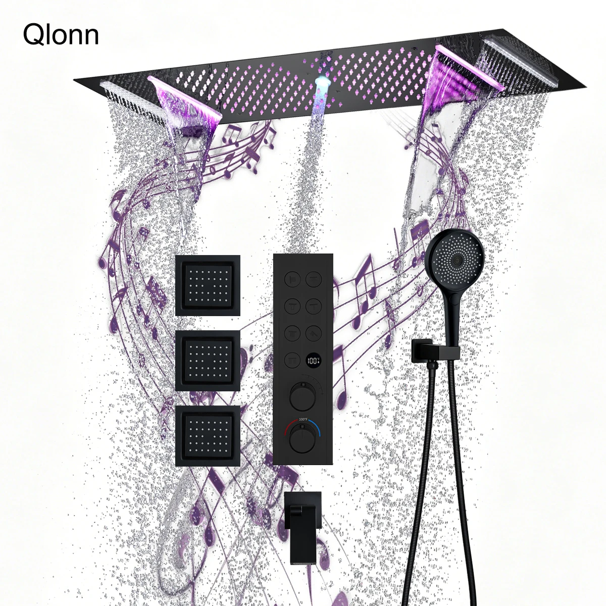 Qlonn Bathroom LED Music Thermostatic 35×12 Inch Shower Head System Set 7 Function Digital Display Mixer Valve Massage Body Jets
Qlonn Bathroom LED Music Thermostatic 35×12 Inch Shower Head System Set 7 Function Digital Display Mixer Valve Massage Body Jets