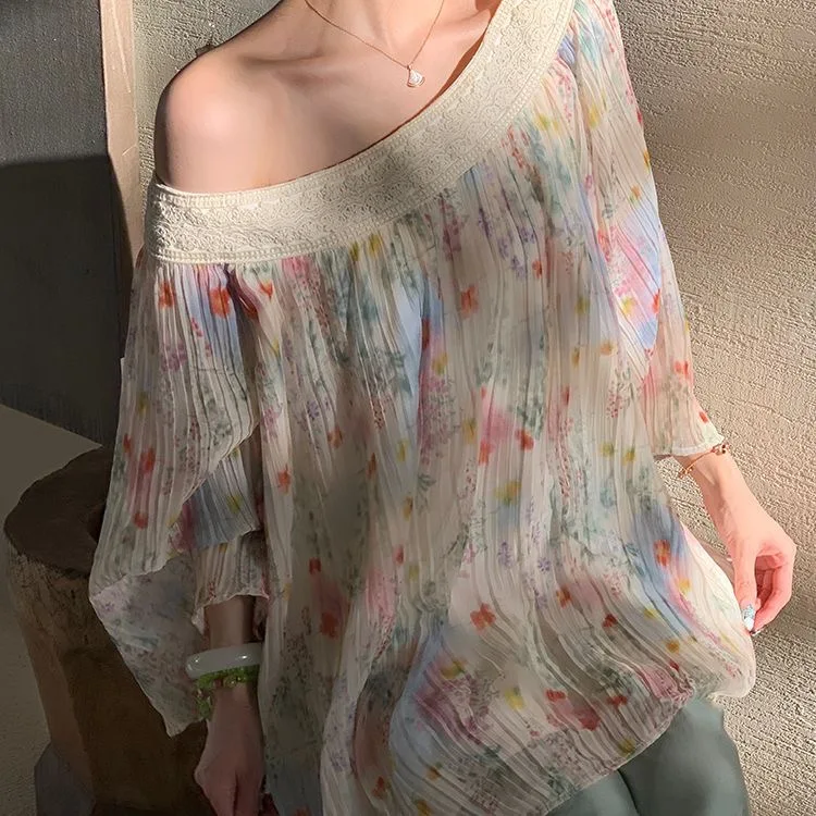 Sweet Romantic Floral Loose Shoulder One-Shoulder Chiffon Top Unique Beautiful Early Spring Beach Vacation Women's Clothing
Sweet Romantic Floral Loose Shoulder One-Shoulder Chiffon Top Unique Beautiful Early Spring Beach Vacation Women's Clothing