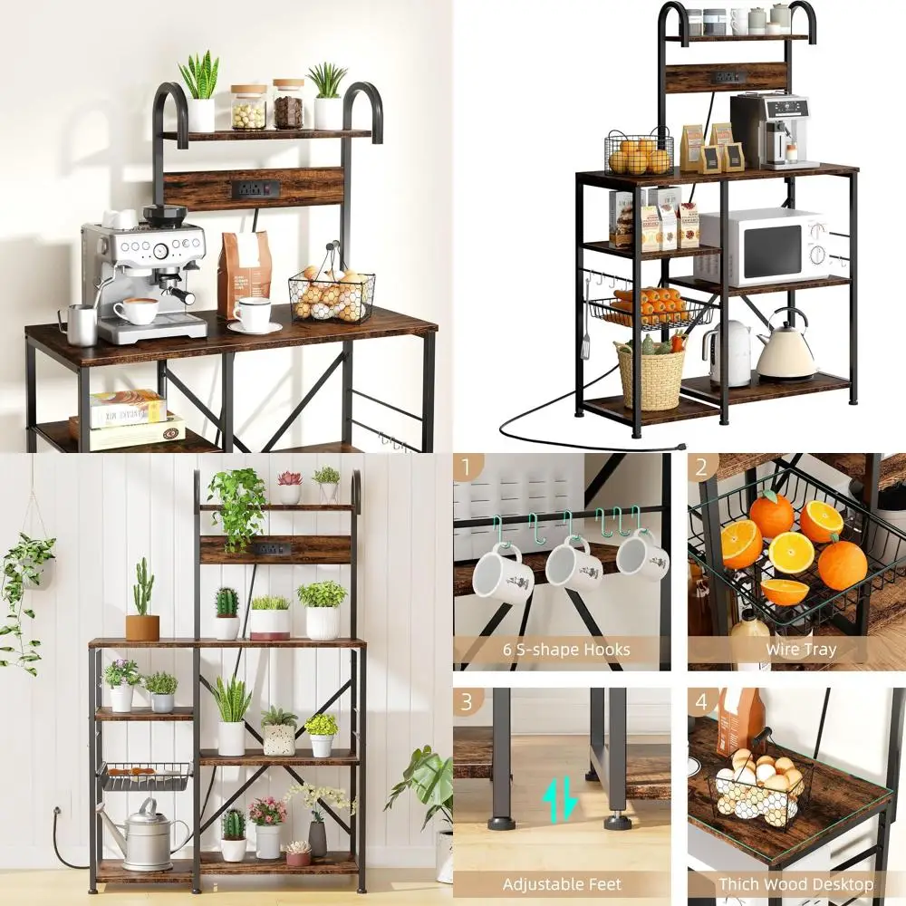 Multi-tier Kitchen Storage Rack with Hooks, Power Outlet, and Wire Basket for Spices, Pans, and Microwave
Multi-tier Kitchen Storage Rack with Hooks, Power Outlet, and Wire Basket for Spices, Pans, and Microwave