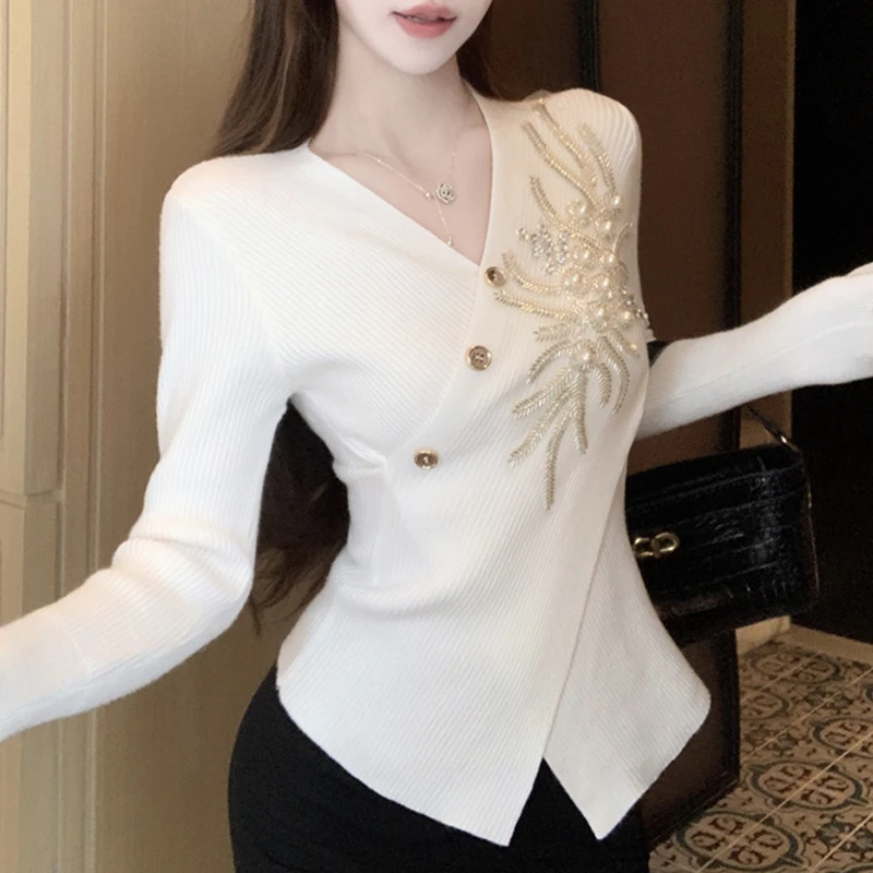 Autumn Winter Women Sweater V-neck Diamond Pullovers Shirt Slim Long Sleeved Knitted Tops
Autumn Winter Women Sweater V-neck Diamond Pullovers Shirt Slim Long Sleeved Knitted Tops