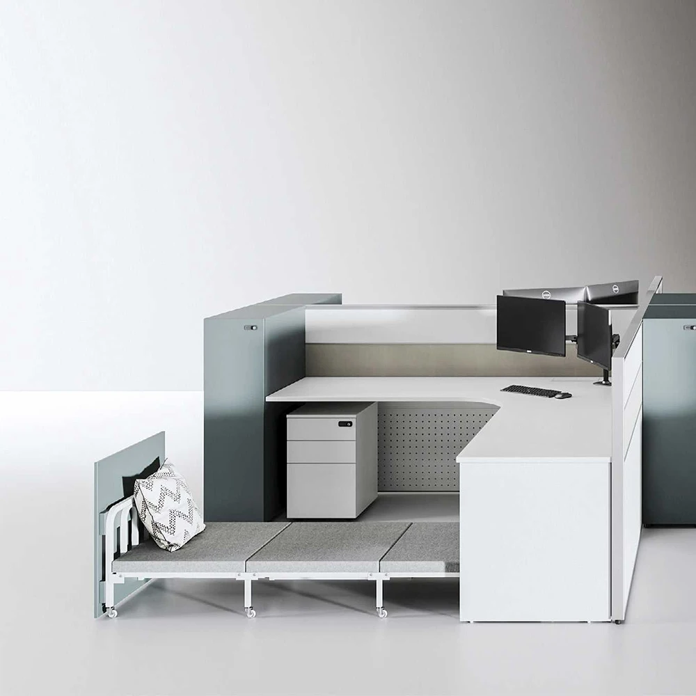 Modern White Office Desk with Cabinet and Folding Bed Contemporary Workstation with Clear Partition Cubicles
Modern White Office Desk with Cabinet and Folding Bed Contemporary Workstation with Clear Partition Cubicles