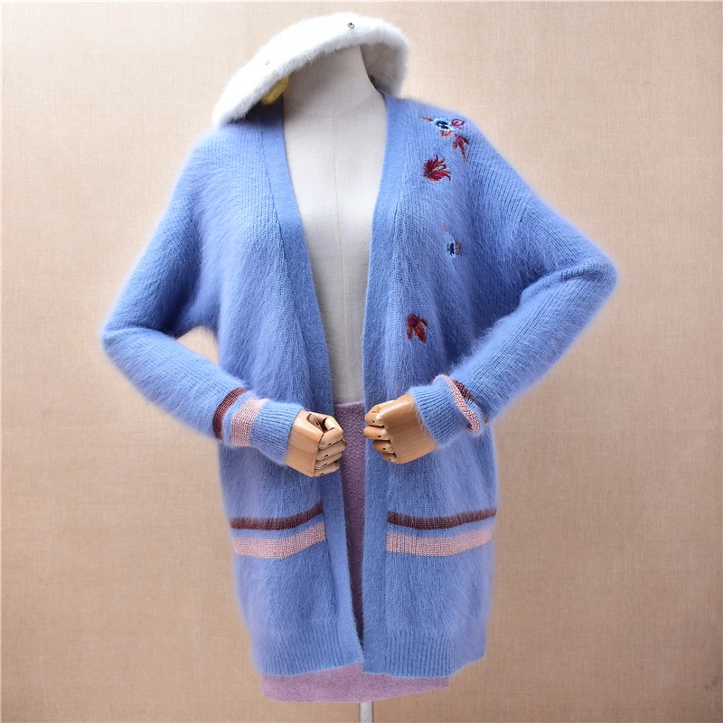 Ladies Women Autumn Winter Clothing Blue Embroidery Angora Rabbit Hair Knitted Long Sleeves Loose Cardigans Sweater Mantle Pull
Ladies Women Autumn Winter Clothing Blue Embroidery Angora Rabbit Hair Knitted Long Sleeves Loose Cardigans Sweater Mantle Pull
