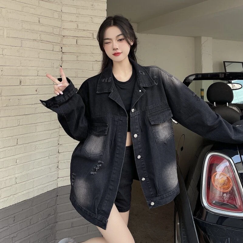 Women's Black Vintage Denim Spring/autumn Loose Fit Ripped Wash Street Style Casual Outerwear Unique Small Batch Design
Women's Black Vintage Denim Spring/autumn Loose Fit Ripped Wash Street Style Casual Outerwear Unique Small Batch Design