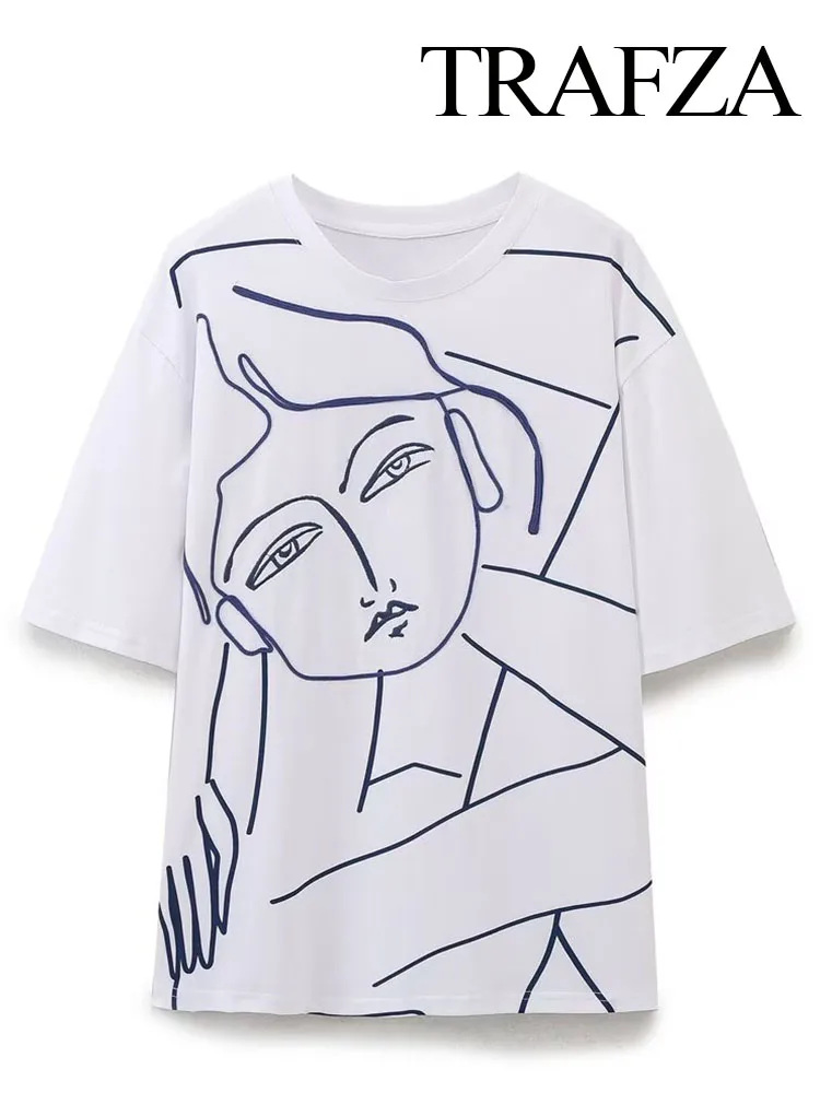 TRAFZA Women Summer Vocation White Crew Neck Short Sleeves Contrast Print T Shirt Female New Casual Loose Knitting Tops Mujer
TRAFZA Women Summer Vocation White Crew Neck Short Sleeves Contrast Print T Shirt Female New Casual Loose Knitting Tops Mujer