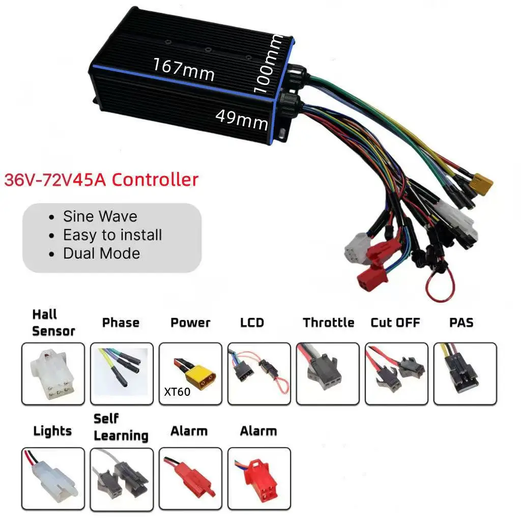 Cross-border factory direct supply, dual tube 36V 48V 52V 60v 72V 45A three-mode sine wave controller
Cross-border factory direct supply, dual tube 36V 48V 52V 60v 72V 45A three-mode sine wave controller