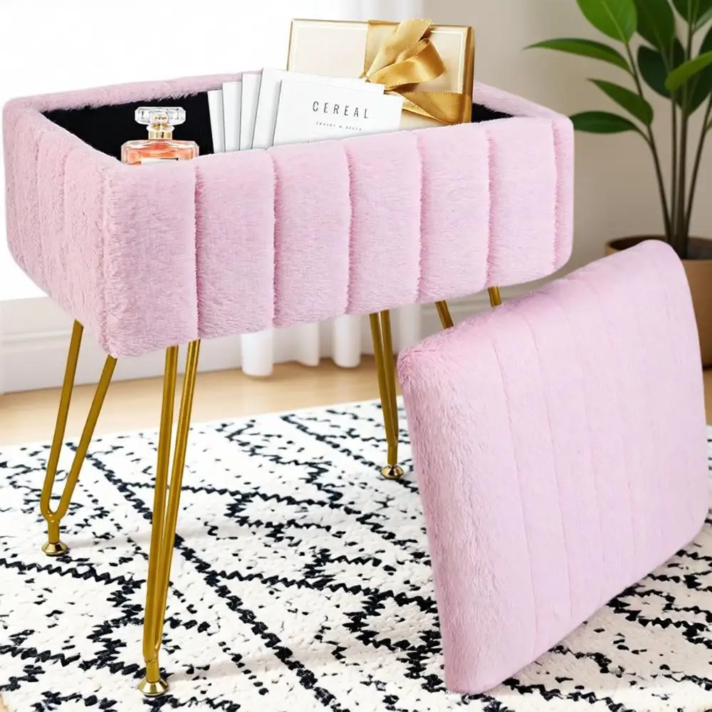 Pink Storage Vanity Stool with Metal Legs, Multifunctional Ottoman Chair for Makeup, Living Room, and Bedroom
Pink Storage Vanity Stool with Metal Legs, Multifunctional Ottoman Chair for Makeup, Living Room, and Bedroom