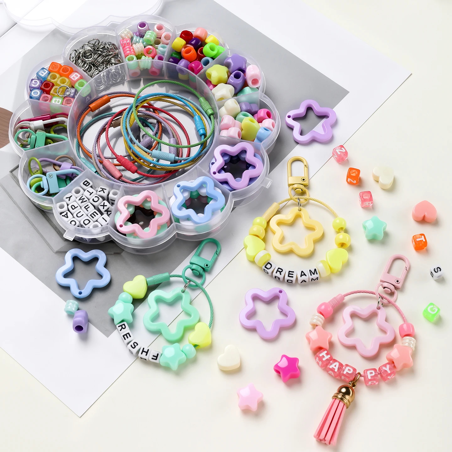 286pcs/Set Key Rings Letter Beads Snap Lobster Clasps Acrylic Star Pendants Jump Rings Kits for Key Chain Making Accessories
286pcs/Set Key Rings Letter Beads Snap Lobster Clasps Acrylic Star Pendants Jump Rings Kits for Key Chain Making Accessories
