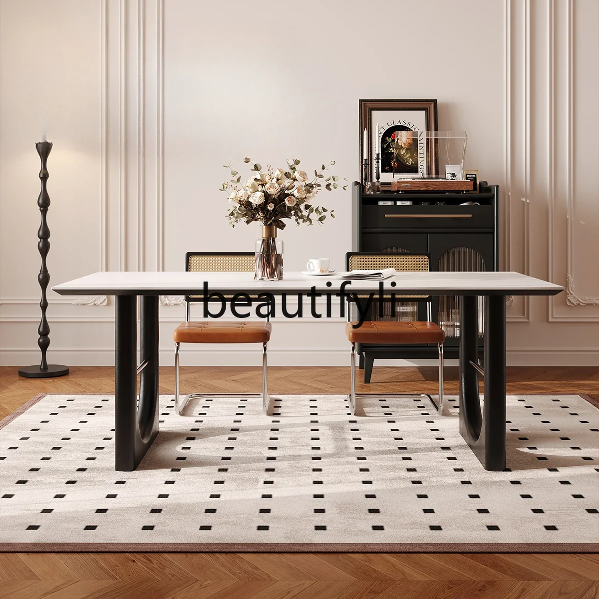 French cream style solid wood rock slab dining table retro household white small apartment medium antique dining table 
French cream style solid wood rock slab dining table retro household white small apartment medium antique dining table