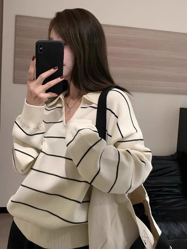 Ранняя осень, полосатый отложной воротник, женский трикотаж, милый круглый топ из ткани Ne Other Material, женский модный топ
Ранняя осень, полосатый отложной воротник, женский трикотаж, милый круглый топ из ткани Ne Other Material, женский модный топ