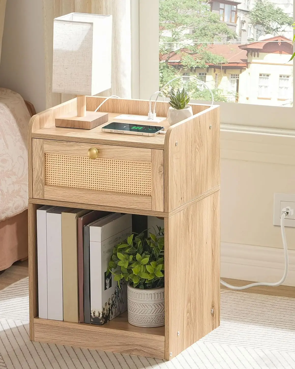 Nightstand with Charging Station, Side Table with Rattan-Style Drawer and Storage Shelf, Modern Boho End Table for Bedroom with
Nightstand with Charging Station, Side Table with Rattan-Style Drawer and Storage Shelf, Modern Boho End Table for Bedroom with