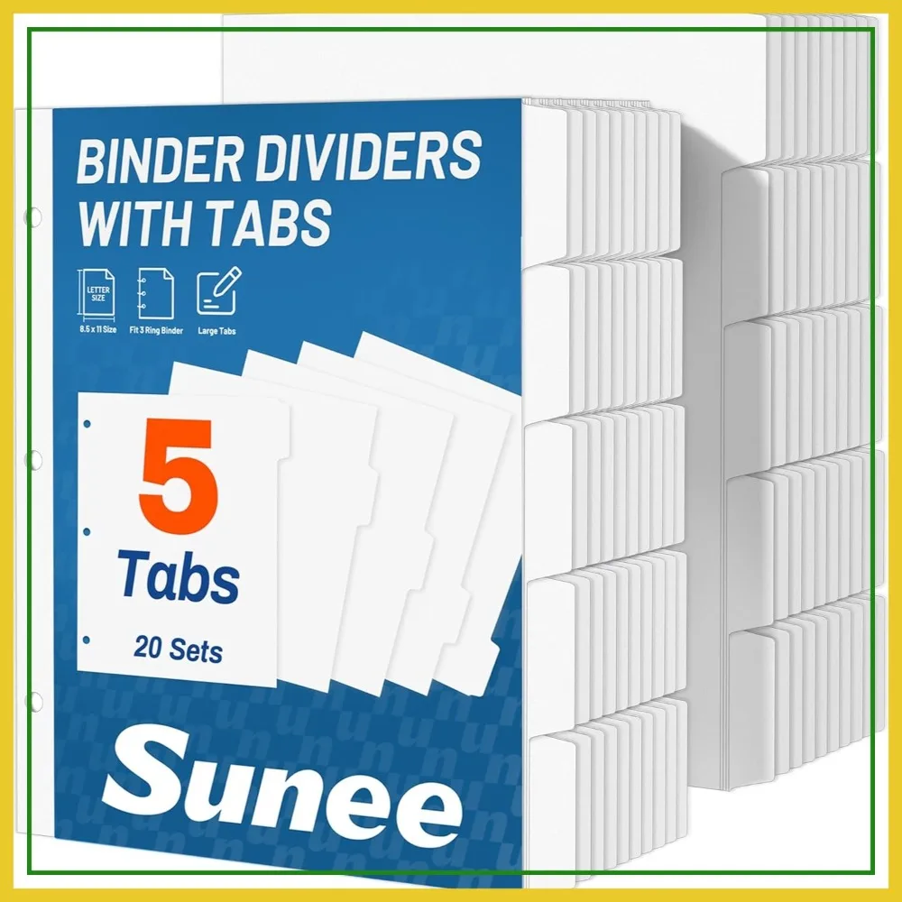 Binder Dividers with 5 Tabs, 20 Sets, 100 Dividers for 3 Ring Binder, 8.5x11 White Paper, School Office Home
Binder Dividers with 5 Tabs, 20 Sets, 100 Dividers for 3 Ring Binder, 8.5x11 White Paper, School Office Home