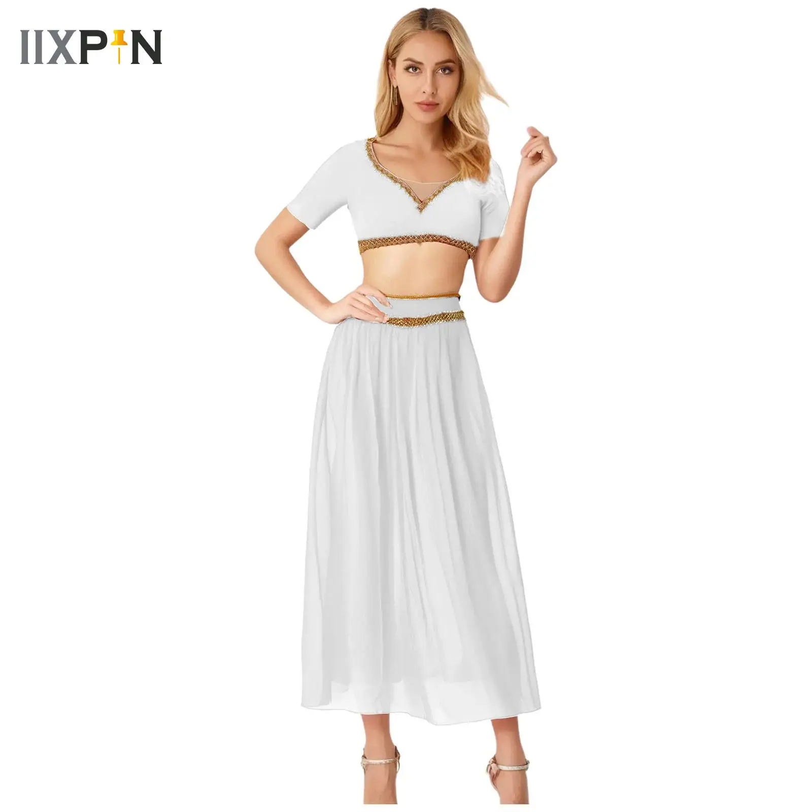 Women Arabic Oriental Indian Gypsy Belly Dance Costume Gold Trim 2-piece Set Crop Top+Side Slit Chiffon Skirt for Arab Princess 
Women Arabic Oriental Indian Gypsy Belly Dance Costume Gold Trim 2-piece Set Crop Top+Side Slit Chiffon Skirt for Arab Princess