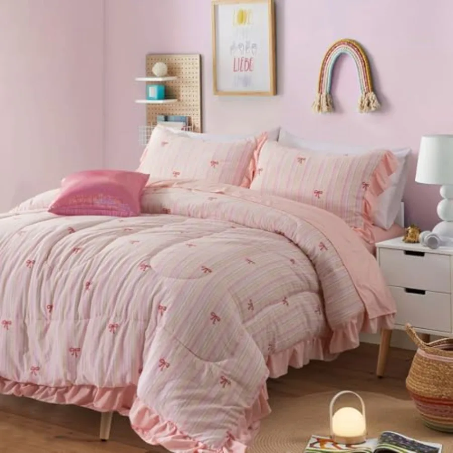 Rainbow Stripes and Bows Bedding Set, Ruffle 6 Pcs Bed in a Bag Matching Sheet Set, Princess Style Chic Bow Printed, Light Room
Rainbow Stripes and Bows Bedding Set, Ruffle 6 Pcs Bed in a Bag Matching Sheet Set, Princess Style Chic Bow Printed, Light Room