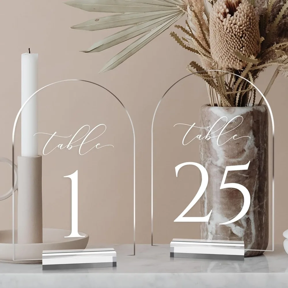 5x7 Inch Arched Acrylic Table Numbers 1-25 with Stands, Clear Arch, Place Card Holders
5x7 Inch Arched Acrylic Table Numbers 1-25 with Stands, Clear Arch, Place Card Holders