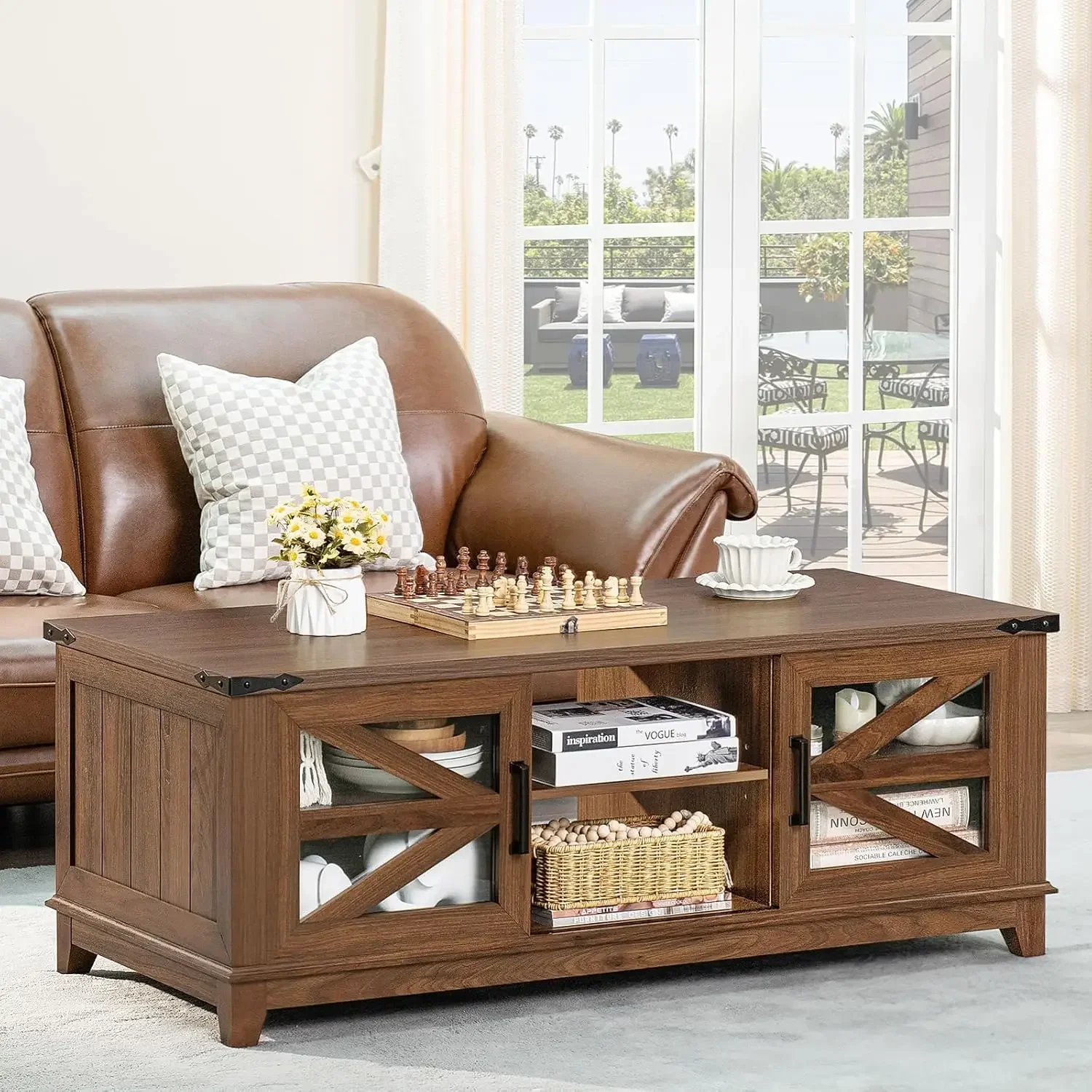 48" Farmhouse Coffee Table with Storage and Glass Sliding Barn Doors Modern Industrial Center Table, Brown-Double Sided Design
48" Farmhouse Coffee Table with Storage and Glass Sliding Barn Doors Modern Industrial Center Table, Brown-Double Sided Design