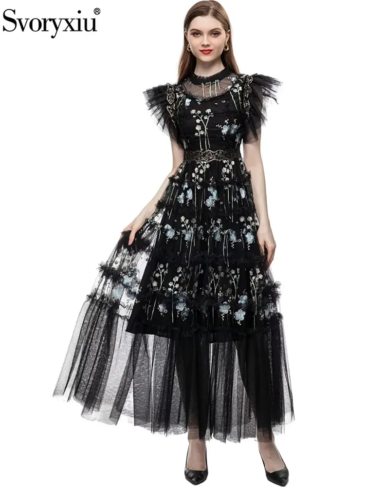 Svoryxiu Summer Fashion Black Color Elegant Long Dress Women's Flounces Sleeve High Waist Net Yarn Embroidery Big Swing Dresses
Svoryxiu Summer Fashion Black Color Elegant Long Dress Women's Flounces Sleeve High Waist Net Yarn Embroidery Big Swing Dresses