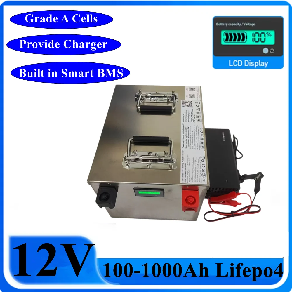 Lifepo4 Battery 12V 100Ah 200Ah 300Ah 400Ah 500Ah 600Ah 800Ah 1000Ah Rechargeable for 1000W Off-Grid UPS Solar System Boat 
Lifepo4 Battery 12V 100Ah 200Ah 300Ah 400Ah 500Ah 600Ah 800Ah 1000Ah Rechargeable for 1000W Off-Grid UPS Solar System Boat