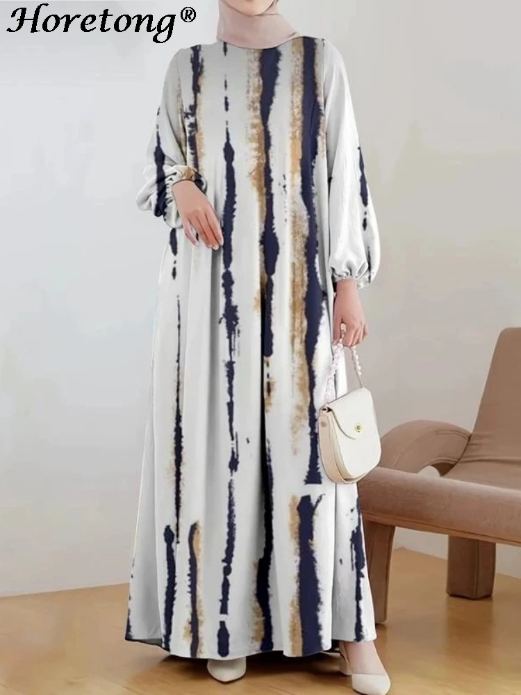 Horetong 2026 Summer Muslim Abaya Dress Women Tie-dye Stripe Round Neck Lantern Sleeve Loose Modest Islamic Casual Maxi Dresses
Horetong 2026 Summer Muslim Abaya Dress Women Tie-dye Stripe Round Neck Lantern Sleeve Loose Modest Islamic Casual Maxi Dresses