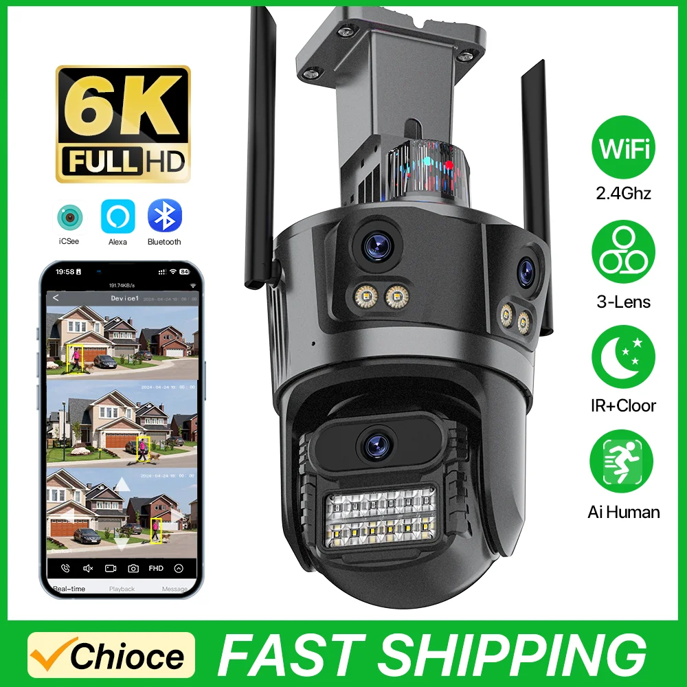 Outdoor WiFi 6K Three Lens Three Screen Camera 4K HD Security PTZ Camera Human Detection Auto Tracking CCTV Surveillance iCsee
Outdoor WiFi 6K Three Lens Three Screen Camera 4K HD Security PTZ Camera Human Detection Auto Tracking CCTV Surveillance iCsee