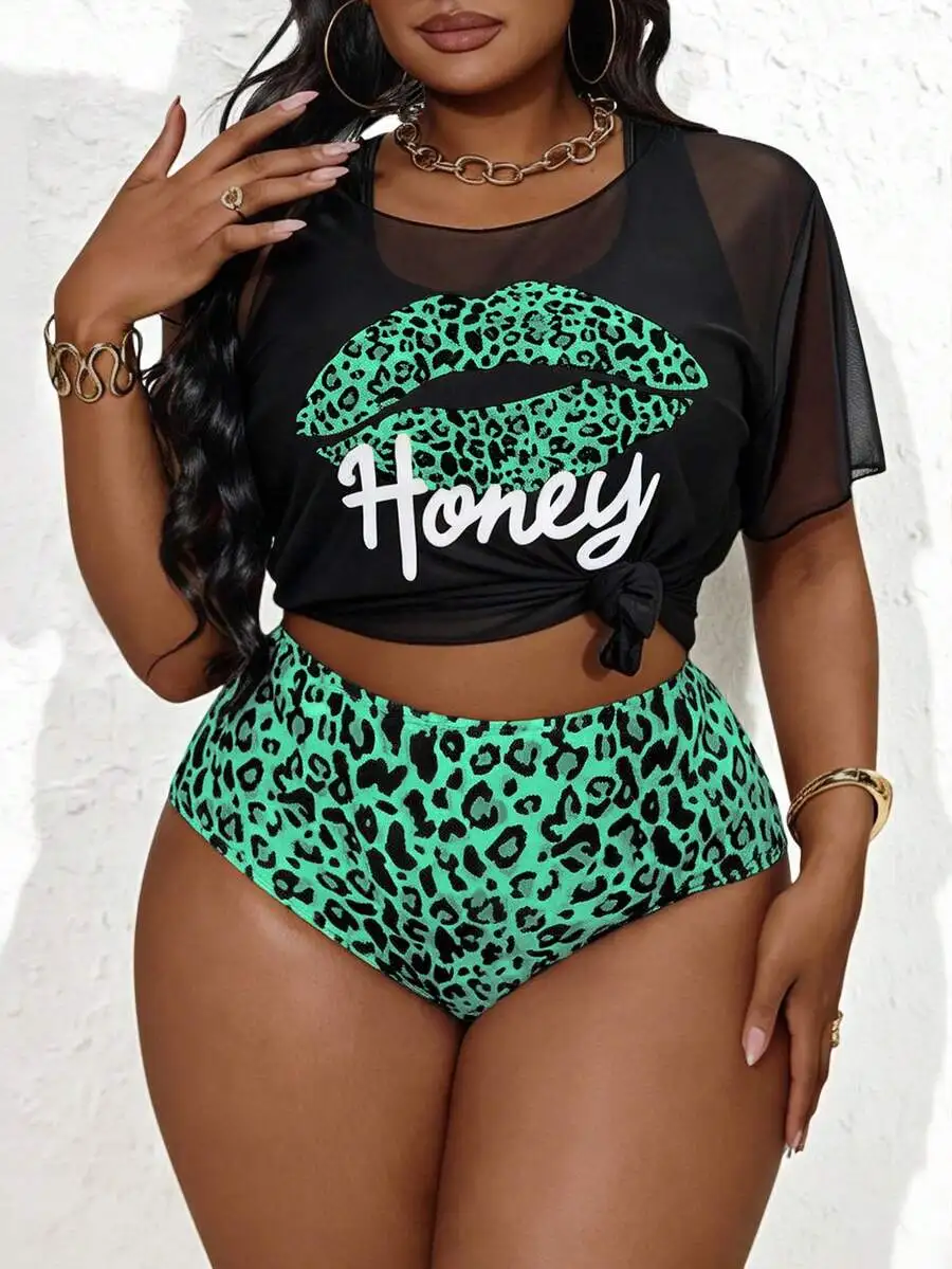 Plus Size Women Two Piece Leopard Print Swimwear Set With Lip Graphic Top
Plus Size Women Two Piece Leopard Print Swimwear Set With Lip Graphic Top