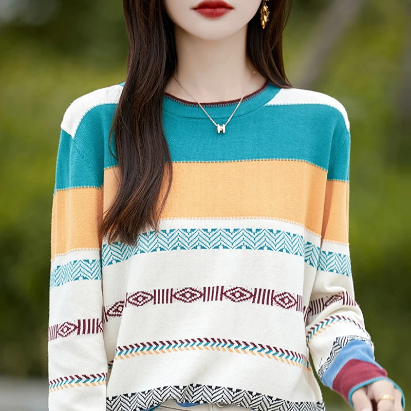 Весна и осень 2025, новый полосатый пуловер с длинными рукавами, свитер, вязаное свободное пальто с круглым вырезом 
Весна и осень 2025, новый полосатый пуловер с длинными рукавами, свитер, вязаное свободное пальто с круглым вырезом