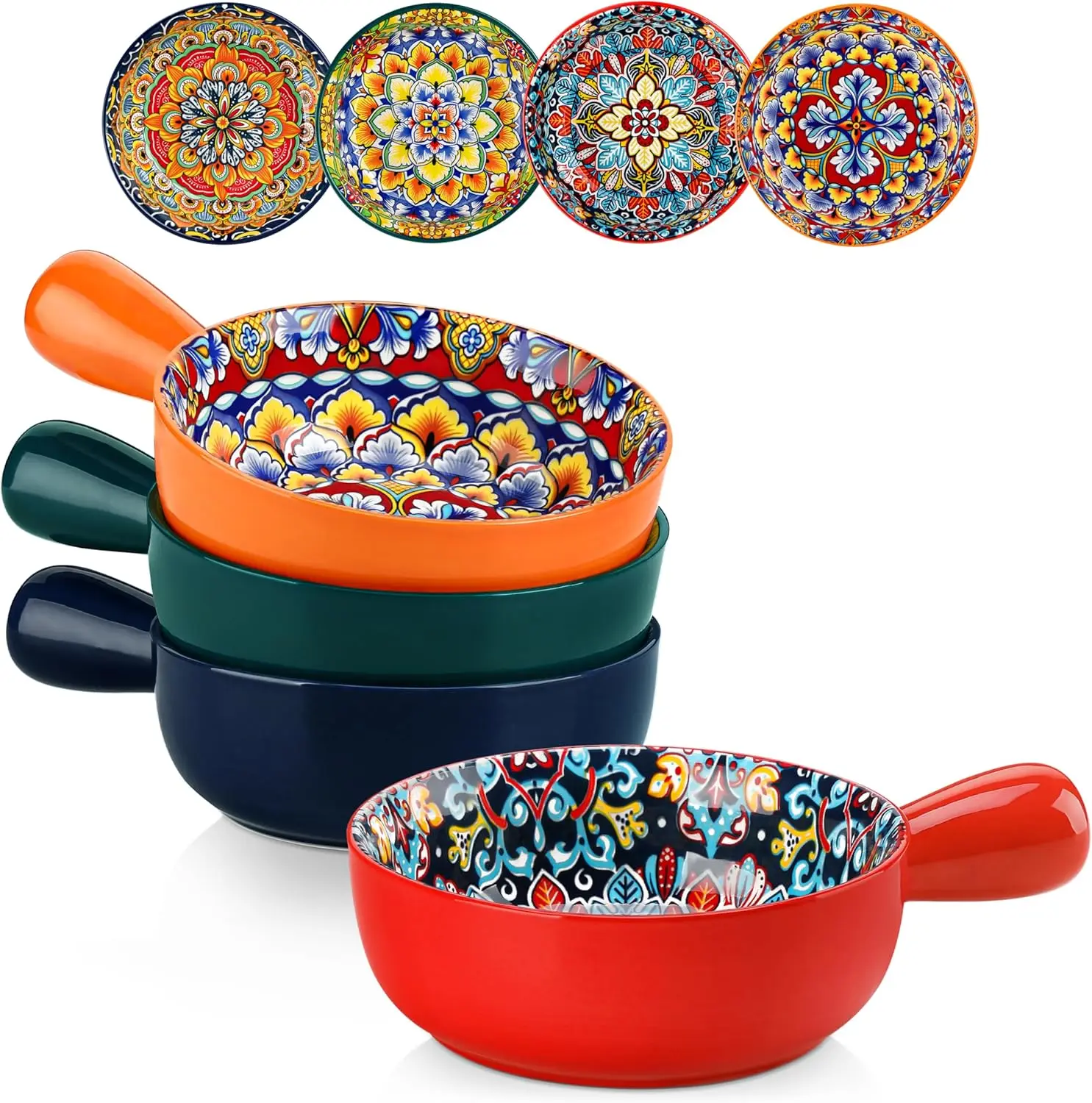 23 oz French Onion Soup Bowls with Handles, Oven Safe, Bohemian Ceramic, Set of 4, Microwave & Dishwasher Safe
23 oz French Onion Soup Bowls with Handles, Oven Safe, Bohemian Ceramic, Set of 4, Microwave & Dishwasher Safe