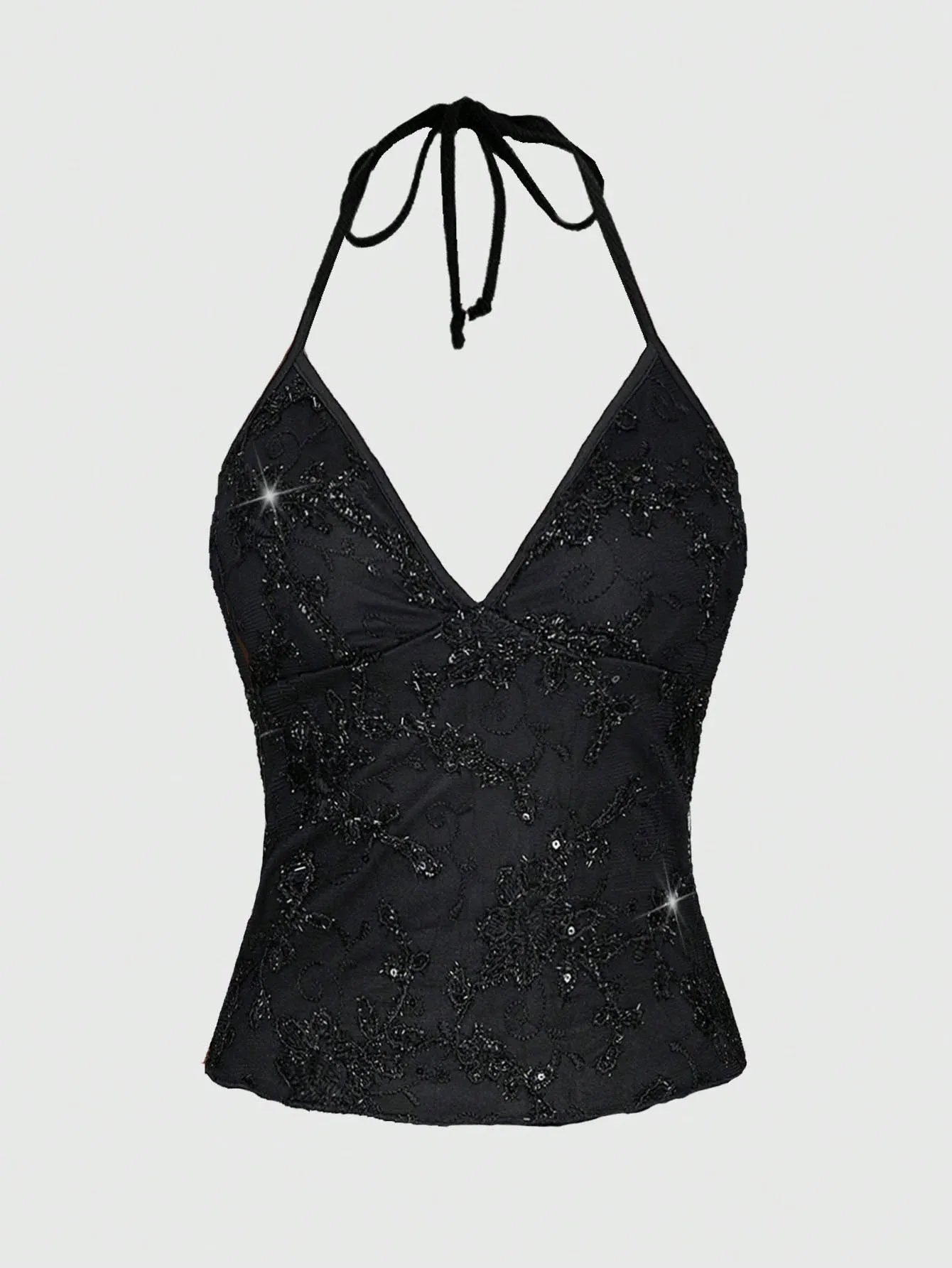 Black Sequin Embroidered Floral Halter Top for Summer Night Out
Black Sequin Embroidered Floral Halter Top for Summer Night Out