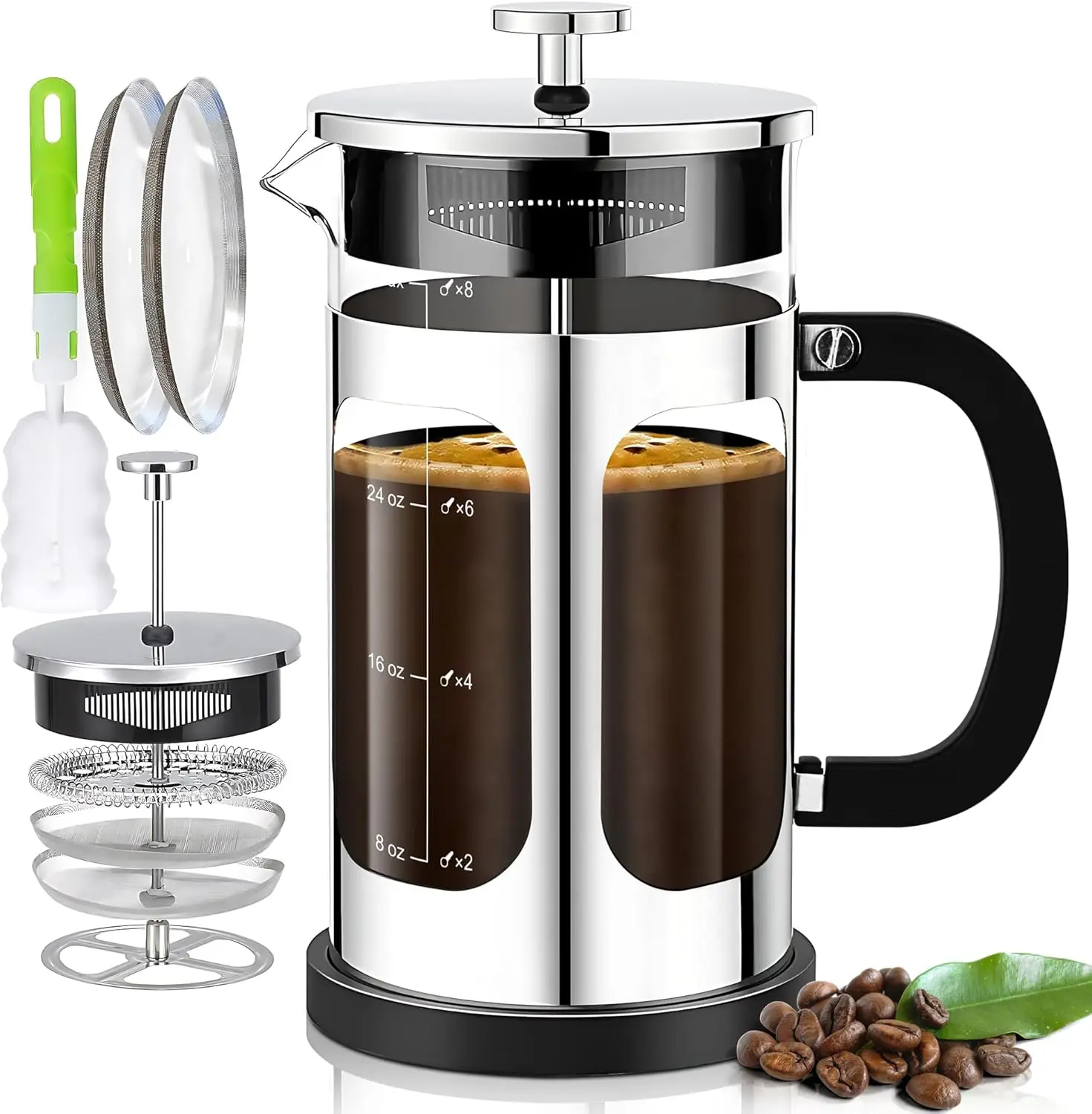 French Press Coffee Maker 34oz 1Qt 5-6 Cup, 4-Level Filter System, Thick Borosilicate Glass, Cold Brew Coffee Tea Pot Gift
French Press Coffee Maker 34oz 1Qt 5-6 Cup, 4-Level Filter System, Thick Borosilicate Glass, Cold Brew Coffee Tea Pot Gift