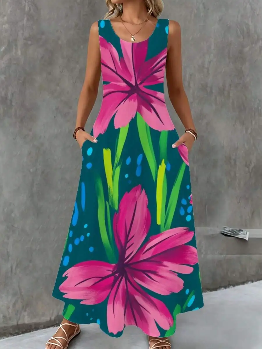 Floral Maxi Dress Teal Pink Flower Print Summer Beach Vacation
Floral Maxi Dress Teal Pink Flower Print Summer Beach Vacation